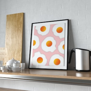 Fried Eggs Poster in Pink, Kitchen Wall Art, Printable Food Poster Gift for Foodie, Digital Download