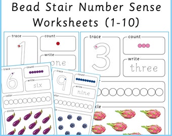 May include: Montessori Series: Bead Stair Number Sense Worksheets (1-10)  A set of printable worksheets for kids to practice counting, tracing numbers, and writing number words. The worksheets feature images of various objects, such as eggplants, blueberries, and dragon fruit.
