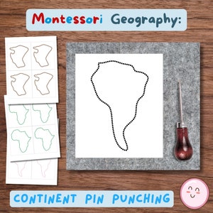 Montessori continent pinponspagina's, zwarte lijn en gekleurde pagina's, fijne motoriek en sensorische uitbreiding voor montessorigeografie
