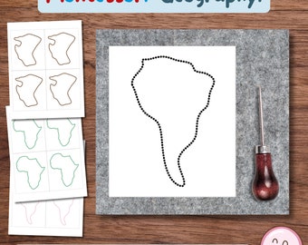 May include: A Montessori geography activity for kids featuring a printable continent outline of South America. The outline is printed on a white sheet of paper and is surrounded by a gray felt mat. A leather awl is also included in the image. The text "CONTINENT PIN PUNCHING" is printed in blue on a white background.