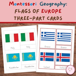 May include: Montessori geography three-part cards featuring flags of European countries. The cards display the flags of Italy, Greece, and Iceland, along with the flag of Kazakhstan. The text on the cards reads "Italy", "Greece", "Iceland", and "Kazakhstan".