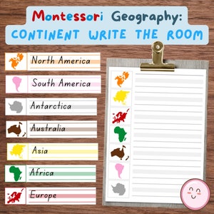 Puede incluir: Un recurso de aprendizaje de Geografía Montessori con el texto "Montessori Geography: CONTINENT WRITE THE ROOM". Incluye tarjetas de continentes y una hoja de escritura en blanco, sujetas a una tabla de madera.