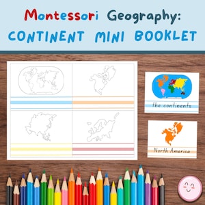 Kontinente Mini-Broschüre lernen; Schneiden, Färben, Schreiben / Ablaufverfolgung, kommt mit farbigen Kontrollmeistern, A4 & US Letter (Montessori Continent Work)