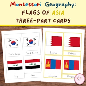 Flags of Asia 3-Part Cards, Countries of Asia, Montessori Geography: Asian Country Flag Language Cards, Montessori Home Learning, Asia Study