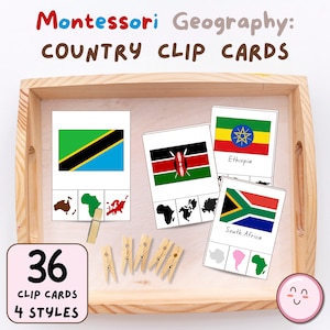 Tarjetas recortables Montessori de país a continente, juego de emparejamiento de banderas del mundo, actividad imprimible de geografía primaria (36 tarjetas en 4 estilos)