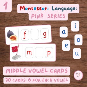 Pode incluir: Cartões de vogais médias da série rosa Montessori. A imagem mostra dois cartões de palavras com as letras f e g, e m e p. Há também cartões de vogais com as letras a, e, i, o e u. O texto diz "30 cartões: 6 para cada vogal."