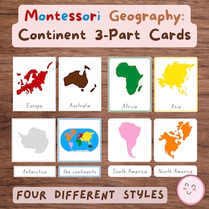 Montessori 3-delige continentkaarten, montessorinomenclatuur voor kleuters, primaire geografie: continenttaalkaarten, homeschool-flashcards