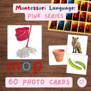 60 tarjetas fotográficas con palabras CVC, serie rosa de lenguaje Montessori, ejercicios de ortografía con alfabeto móvil, fotos reales, tarjetas de control y tarjetas de palabras.