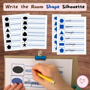 May include: A worksheet with a variety of shapes, including a circle, square, triangle, oval, rectangle, and pentagon. The shapes are labeled with their names. A child is writing the word "ellipse" on the worksheet.