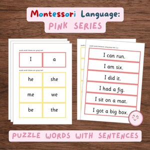 24 Puzzle Word Cards with Decodable Reading Sentences (Montessori Pink Series)