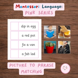 Decodable Phrase Matching Activity, Match Real Photos to Short Phrases (Montessori Pink Series) PDF Download; A4 & US Letter