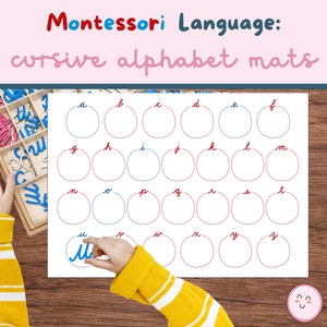 May include: A white sheet of paper with 26 circles, each containing a letter of the alphabet written in cursive. The circles are alternating red and blue. A child's hand is writing the letter 'm' in one of the circles.