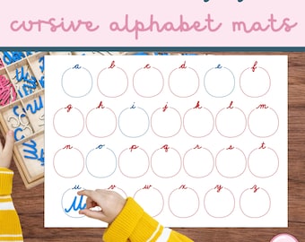 Printable Alphabet Mats, Cursive Font, Phonetic Objects to Alphabet Work Mat, Montessori Language, Single Page and Double Page Mats