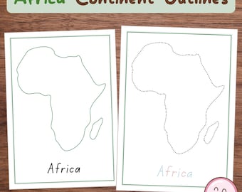 Folhas de Atividades para Traçar o Continente Africano, Geografia Montessori para Educação Infantil: Modelo de Arte, Contorno do Continente com Páginas de Extensão Pontilhadas