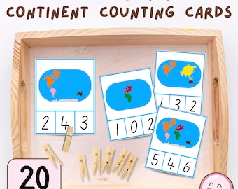 Tarjetas Montessori para contar continentes, imprimibles para preescolar, tarjetas de geografía para primaria: Siete continentes, aprendizaje en casa, trabajo de estantería