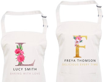 Personalised Initial Apron for Women, Watercolour Floral Gift For Her, Custom Cooking Gift, Rose Gold, Baking Gift, Chef Gift, Kitchen Apron