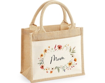 Personalised Jute Bag, Custom Large Shopping Tote Bag with Pocket Birthday / Mothers Day Gift Women, Grandma, Mum, Nanny, Granny, Floral