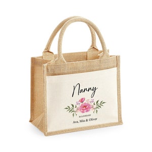 Personalised Floral Name Jute Bag with Front Pocket, Ideal Mothers Day Gift / Birthday Gift for Nanny, Grandma, Nan, Gran, Granny, Mum