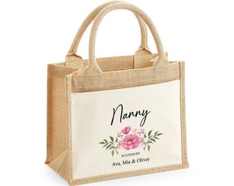 Personalised Floral Name Jute Bag with Front Pocket, Ideal Mothers Day Gift / Birthday Gift for Nanny, Grandma, Nan, Gran, Granny, Mum
