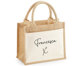 Personalised Jute Bag with Front Pocket, Any Name, Tote Bag, Lunch Bag, Bridesmaid, Gift Bag, Work Bag, Woman Bag, Office Bag, Mum, Shopper