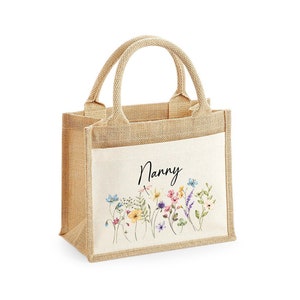 Personalised Jute Bag, Custom Large Shopping Tote Bag with Pocket Birthday / Mothers Day Gift Women, Grandma, Mum, Nanny, Granny, Floral