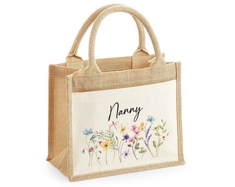 Personalised Jute Bag, Custom Large Shopping Tote Bag with Pocket Birthday / Mothers Day Gift Women, Grandma, Mum, Nanny, Granny, Floral