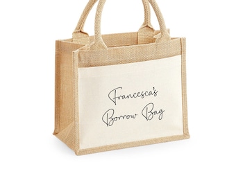 Personalised Jute Bag with Front Pocket, Custom Small Business Bag, Skincare Borrow Bag, Wax Melts Borrow Bag, Haircare Borrow Bag