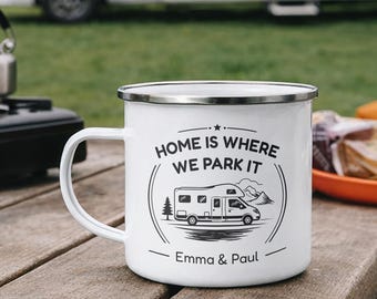 Personalised Motorhome Enamel Mug with Names - Home Is Where We Park It Gift