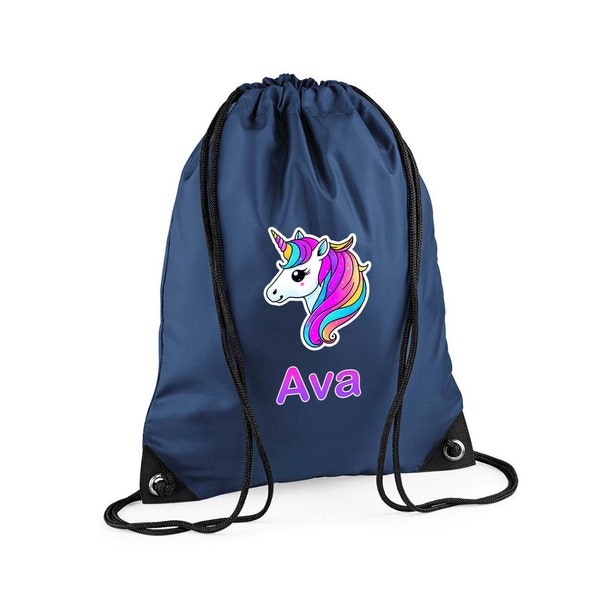 Unicorn Navy Personalised Custom Drawstring Bag for Kids with Name - PE Kit / Gym / Swimming Bag - Ideal for Nursery & Primary School Girls