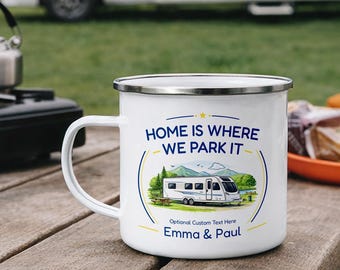 Personalised Caravan Enamel Mug Home Is Where We Park It with Names