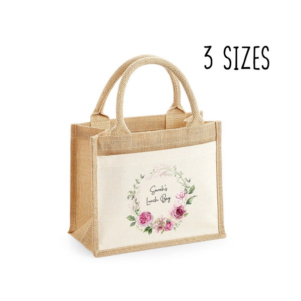 Personalised Floral Lunch Jute Tote Bag with Pocket, Name Lunch Bag, Eco Friendly Lunch Bag, Mothers Day Gift Woman, Mum, Grandma, Nanny