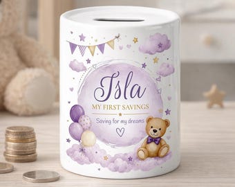 Personalised Piggy Bank with Name - Teddy Bear Baby Money Box Keepsake Gift