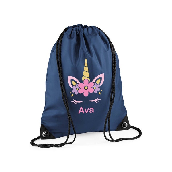 Unicorn Navy Personalised Custom Drawstring Bag for Kids with Name - PE Kit / Gym / Swimming Bag - Ideal for Nursery & Primary School Girls