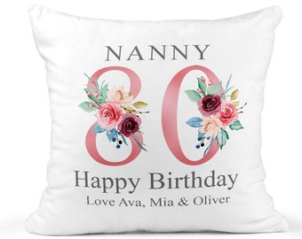 80th Birthday Gift for Women, Personalised Cushion / Pillow for Nanny with Kids Names, Floral Design, Birthday Gift for Grandma, Gran, 1941