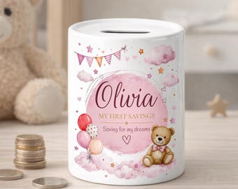 Personalised Money Box with Name - Pink Teddy Bear My First Savings Piggy Bank Baby Gift