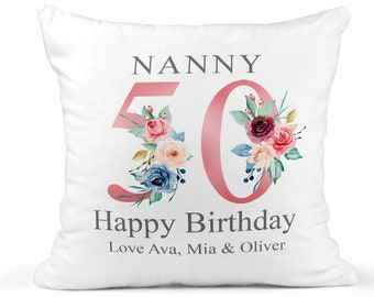 50th Birthday Gift for Women, Personalised Cushion / Pillow for Nanny with Kids Names, Floral Design, Birthday Gift for Grandma, Gran, 1971