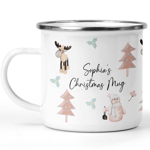 Personalised Christmas Mug, Kids Christmas Mug, Hot Chocolate Mug, Christmas Eve Box Filler, Boy Girl Xmas Secret Santa, Festive Enamel Mug