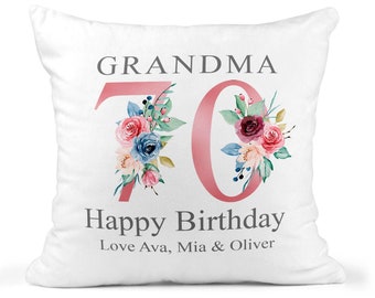 70th Birthday Gift for Women, Personalised Cushion / Pillow for Nanny with Kids Names, Floral Design, Birthday Gift for Grandma, Gran, 1951