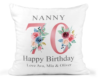 70th Birthday Gift for Women, Personalised Cushion / Pillow for Nanny with Kids Names, Floral Design, Birthday Gift for Grandma, Gran, 1951