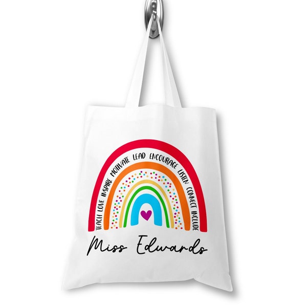 Personalised Teacher Bag, Custom Teacher Tote Bag, Any Name, Rainbow Tote Bag, Teacher Gift, School Leaving Gift for Teacher, Graduation