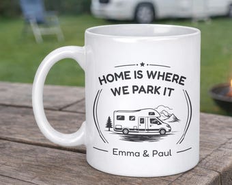 Personalised Motorhome Mug with Names - Grey Home Is Where We Park It Gift
