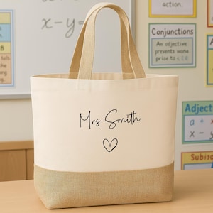 Personalised Teacher Bag with Custom Name, TA, Teaching Assistant, Nursery Staff End of Term Gift, Thank You Present Hessian Jute Tote Bag
