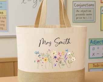 Personalised Floral Teacher Bag with Custom Name TA, Teaching Assistant, Nursery Staff End Term Gift, Thank You Present Hessian Jute Tote
