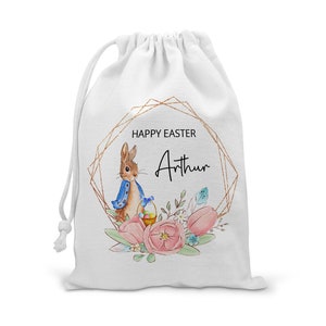 Personalised Easter Bag, Custom Easter Gift, Easter Egg Sack, Easter Bunny Treat Bag, Easter Decoration, Kids Easter Egg Hunt Basket, Rabbit Blue
