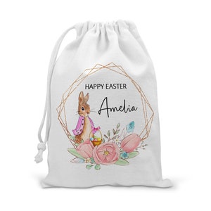 Personalised Easter Bag, Custom Easter Gift, Easter Egg Sack, Easter Bunny Treat Bag, Easter Decoration, Kids Easter Egg Hunt Basket, Rabbit Pink