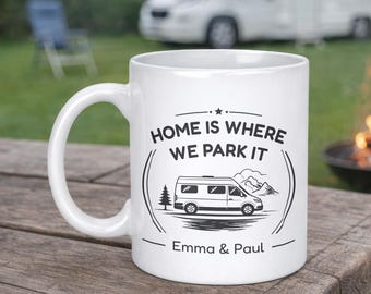 Personalised Campervan Panel Van Mug with Names - Grey Home Is Where We Park It Gift