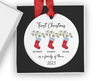 Personalised First Christmas as a Family of Three Bauble, Custom Family of 3 Xmas Ornament, New Baby Gift, Keepsake Decoration, New Parents