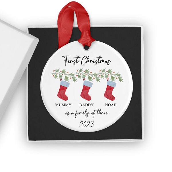 Personalised First Christmas as a Family of Three Bauble, Custom Family of 3 Xmas Ornament, New Baby Gift, Keepsake Decoration, New Parents