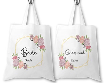 Personalised Bridesmaid Tote Bag, Custom Bridesmaids Gifts, Bridal Party Gift, Hen Party, Wedding Accessories, Floral Gold, Team Bride Tribe