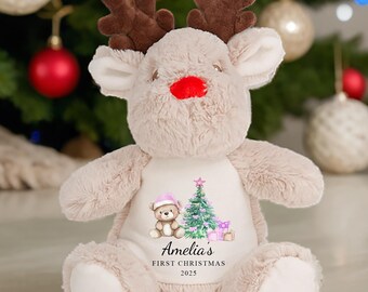 Personalised First Christmas Reindeer Plush with Pink Teddy & Tree – Custom Baby Gift, Soft Toy Keepsake, Christmas 2025